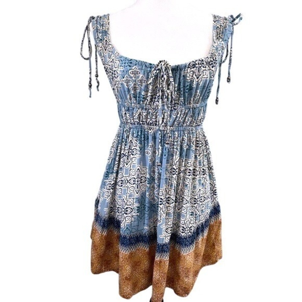Angie Dress Womens XS Blue Babydoll Medallion Smocked Tie Shoulder Rayon Mini‎